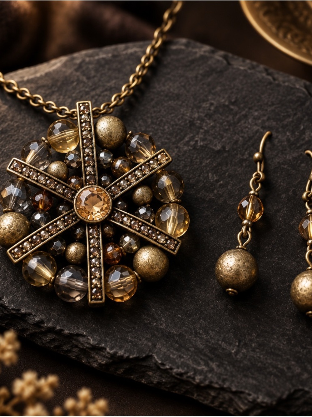 Avon Gold-Tone Pendant Necklace with Amber and Smoky Beads